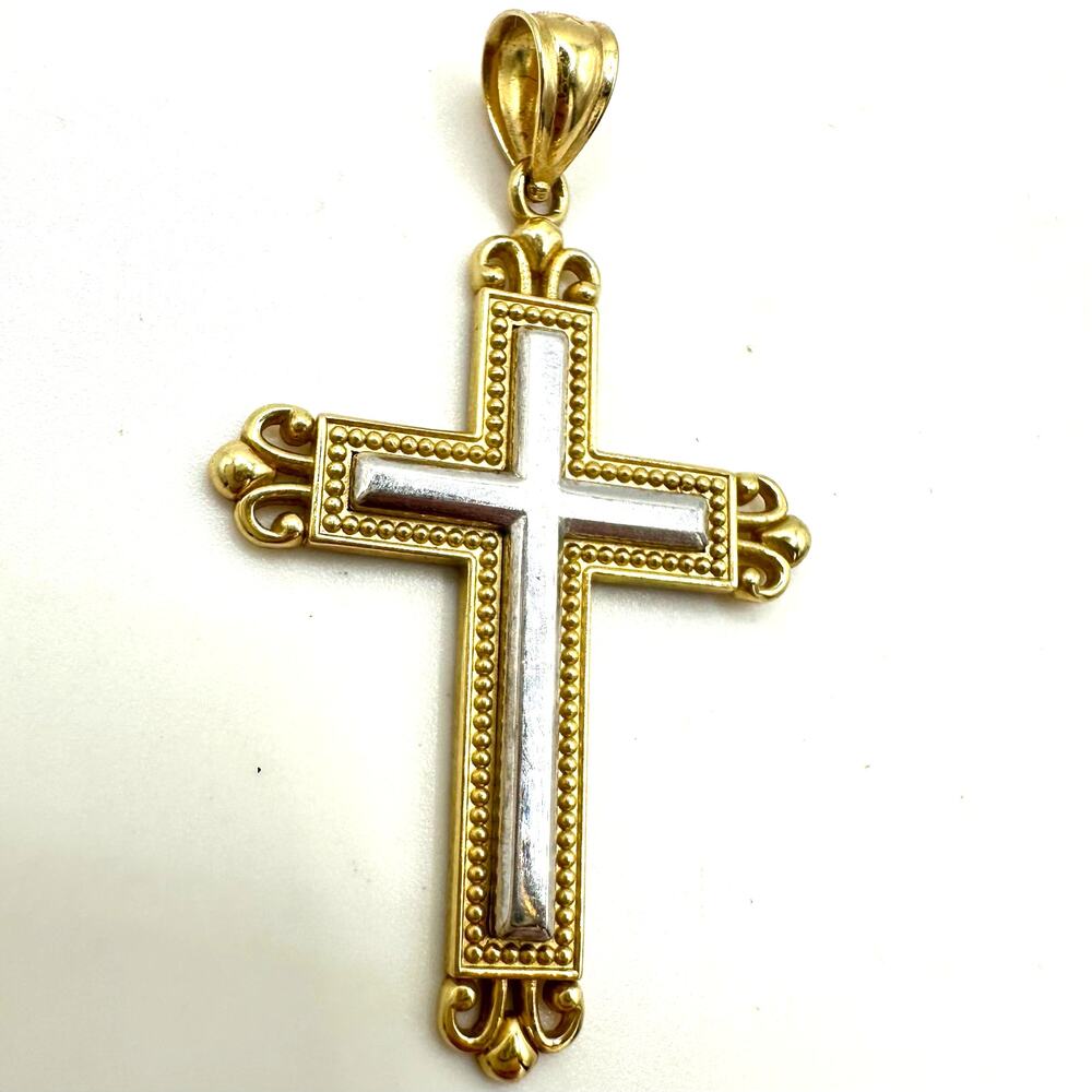 Solid 14kt yellow white gold two tone cross pendant charm 2.22g signed